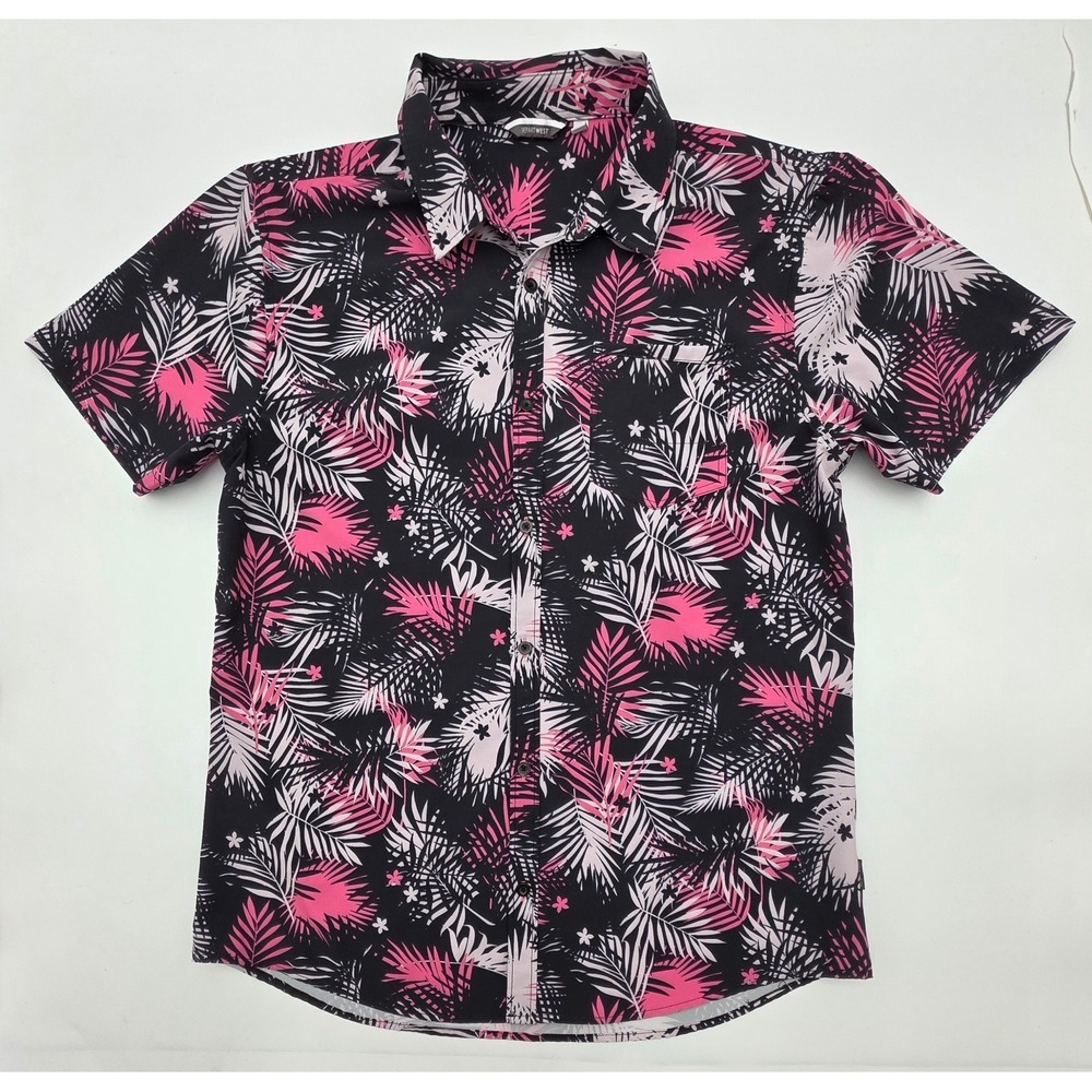 Departwest Mens Hawaiian Style Short‎ Sleeve Button up Pink Black Floral